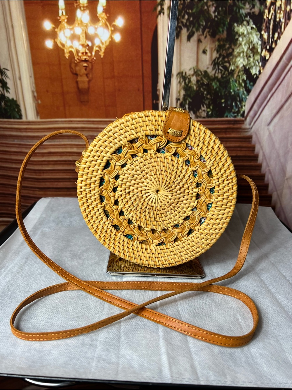 Woven Rattan Circular Crossbody Bag Tan Brown intricate handwoven craftsmanship